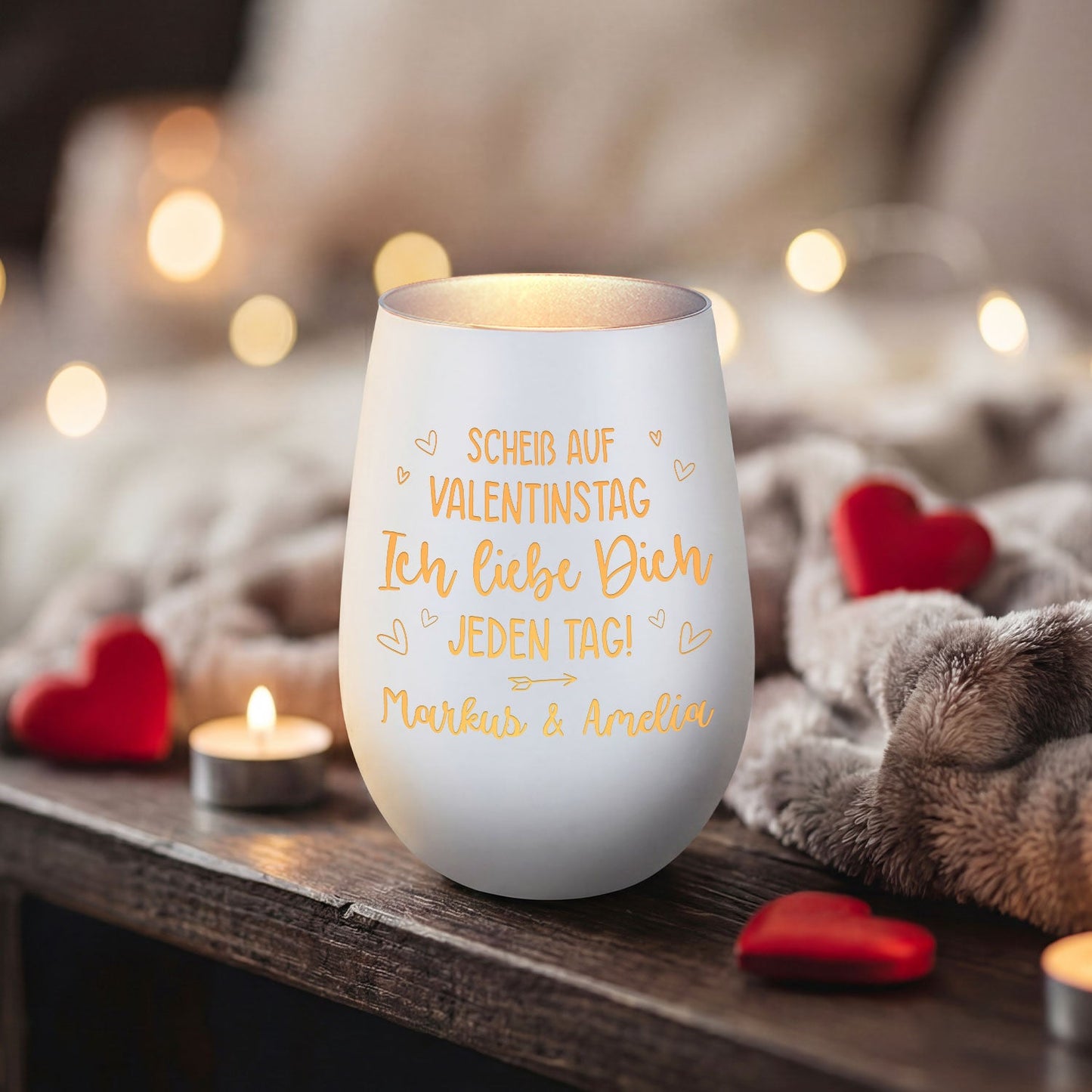 Deko Windlicht aus Glas mit Gravur - Scheiß auf Valentinstag
