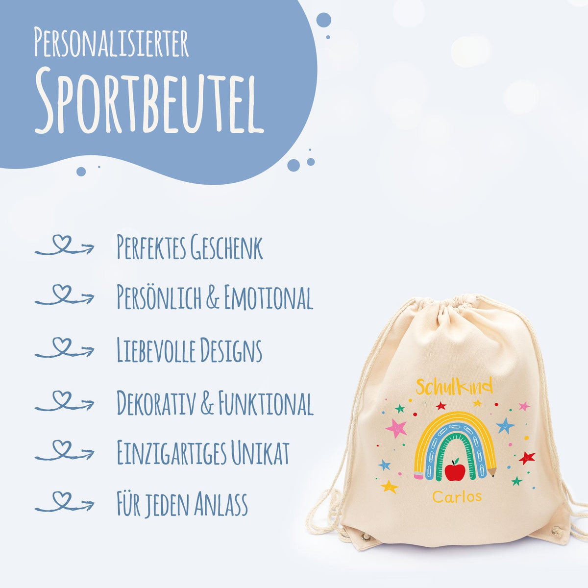 Turnbeutel für Kinder - Regenbogen Schulkind - zur Einschulung
