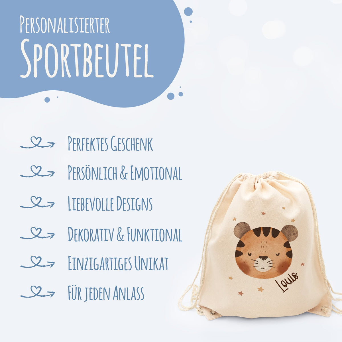 Turnbeutel mit Kindermotiv - Tierköpfe - für Kinder