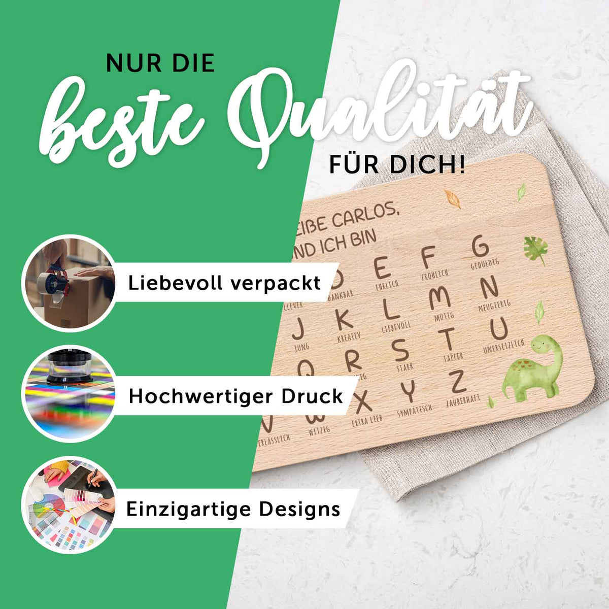 Frühstücksbrettchen mit Druckmotiv & Name - ABC Dinosaurier