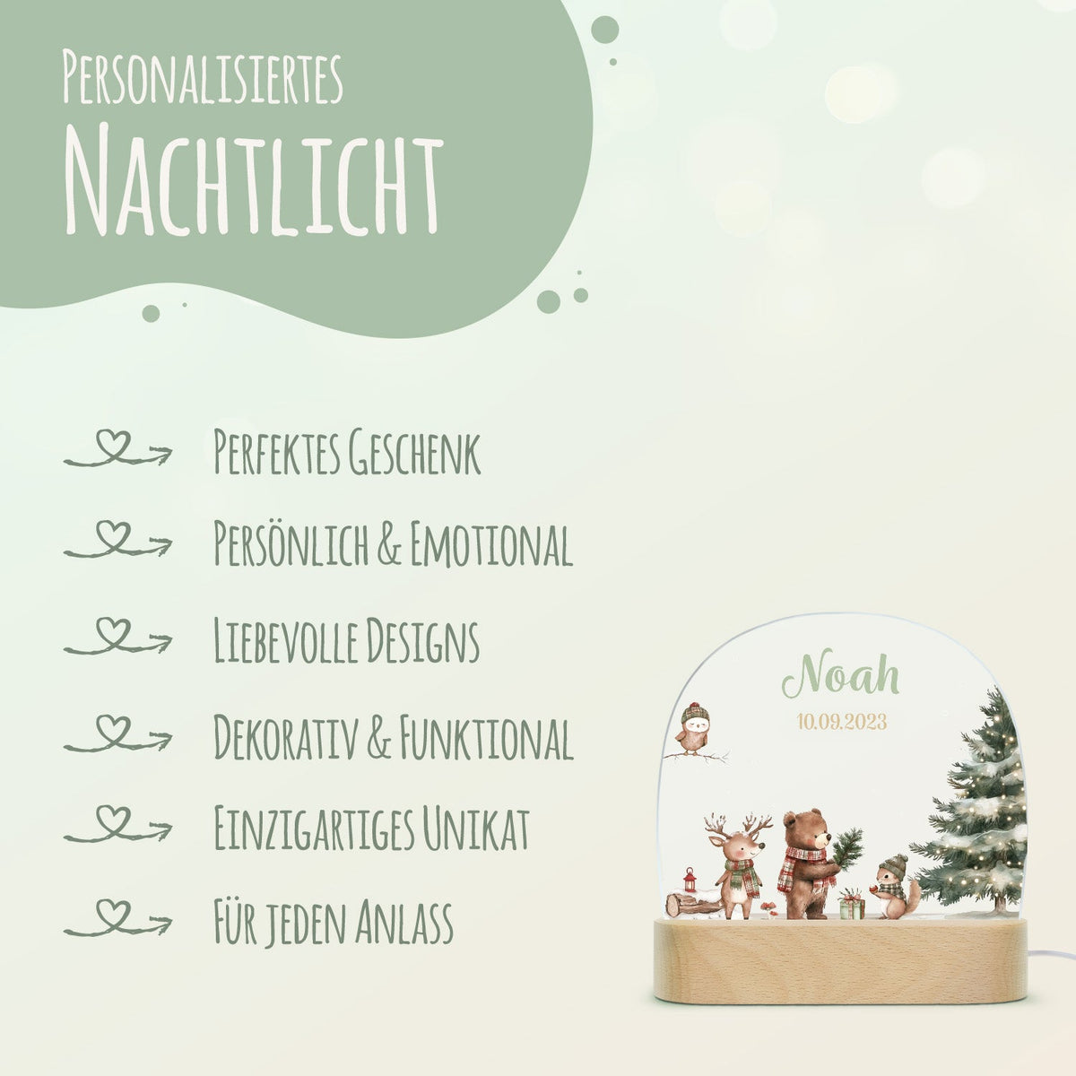 Kinder LED Nachtlicht mit Sockel aus Holz - "Weihnachtswald"