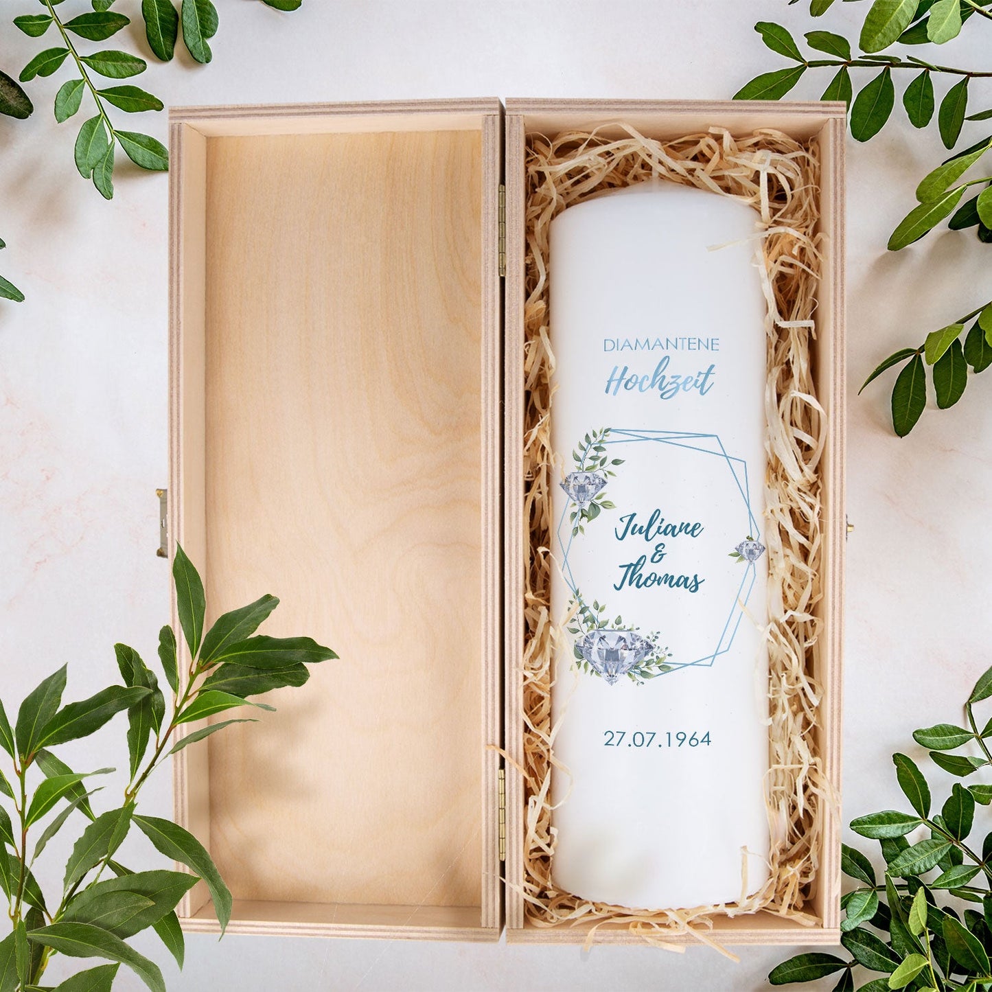 Große Kerze "Diamanthochzeit" - Hochzeitskerze mit Namen, Datum & Wunschtext