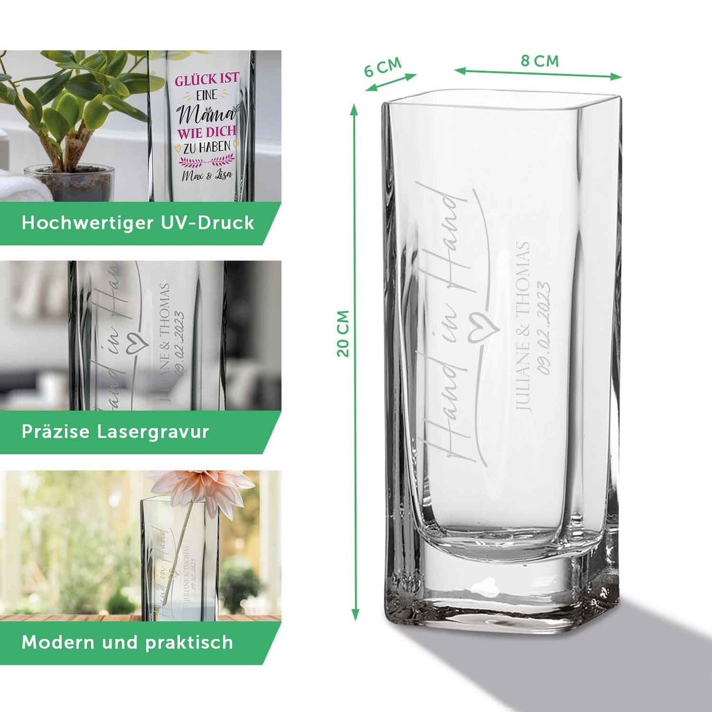 Blumenvase mit Gravur - Glück ist eine Freundin - Deko Vase als Geschenk