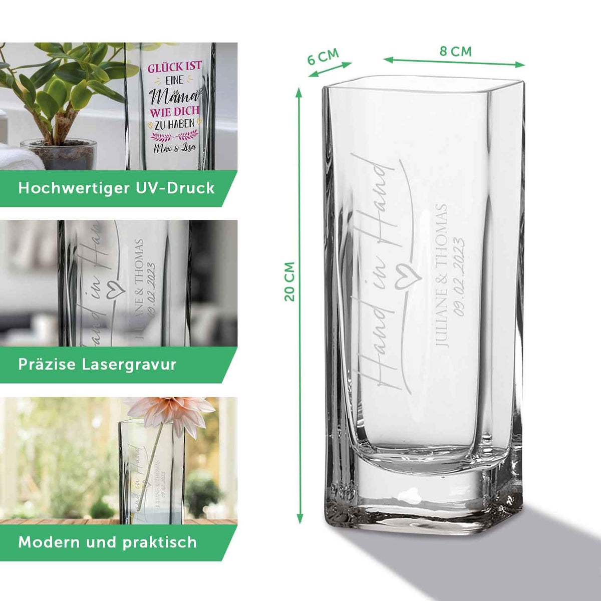 Blumenvase mit Gravur - Glück ist eine Freundin - Deko Vase als Geschenk