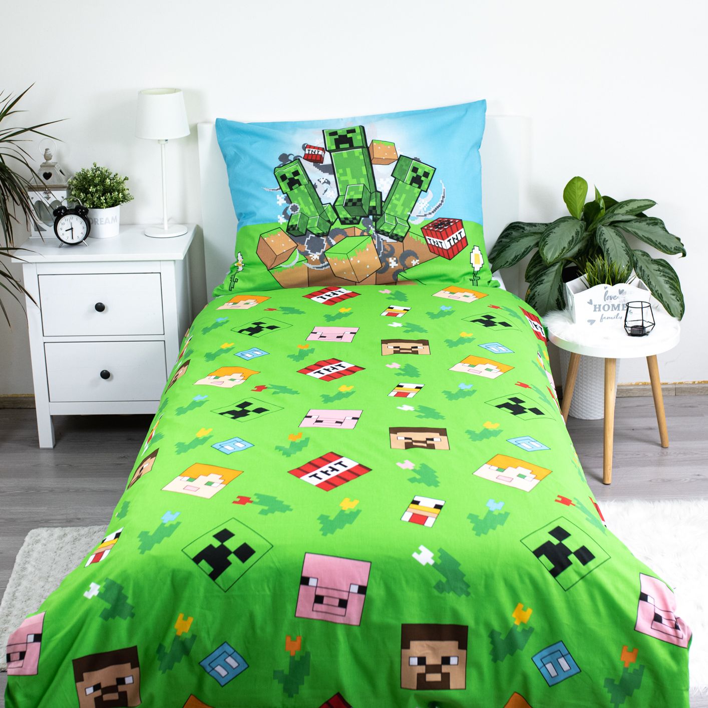 Minecraft Bettwäsche - weiche Baumwolle blau/grün 140x200 cm Kissen und Decke