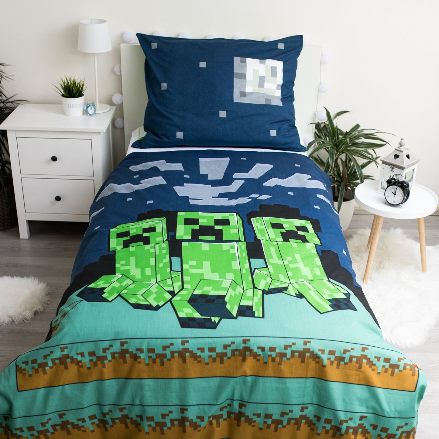 Minecraft Creeper Bettwäsche - weiche Baumwolle 140x200 cm Kissen und Decke Einzelbett