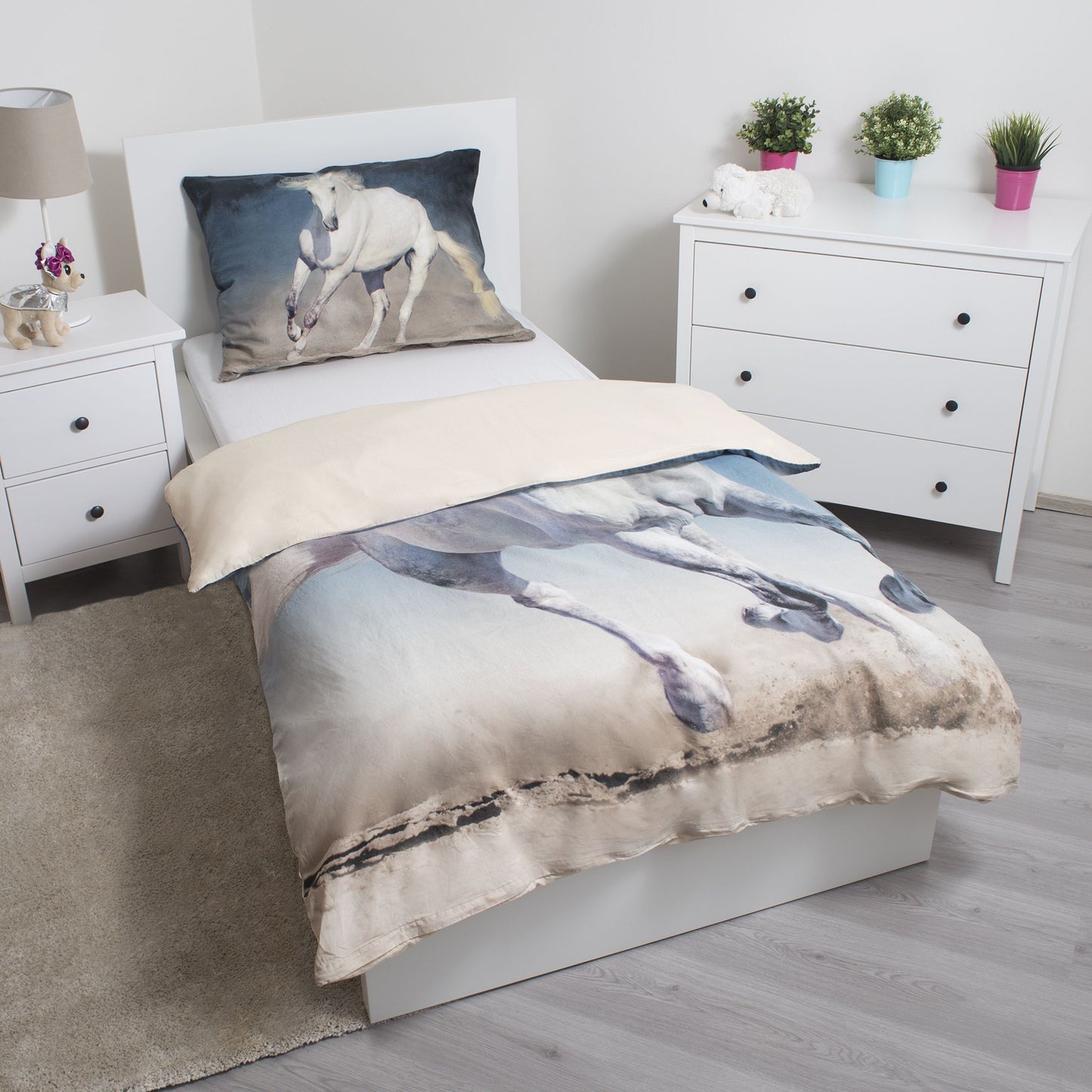 Pferde Bettwäsche - weiche Baumwolle 140x200 cm Pony Kissen und Decke