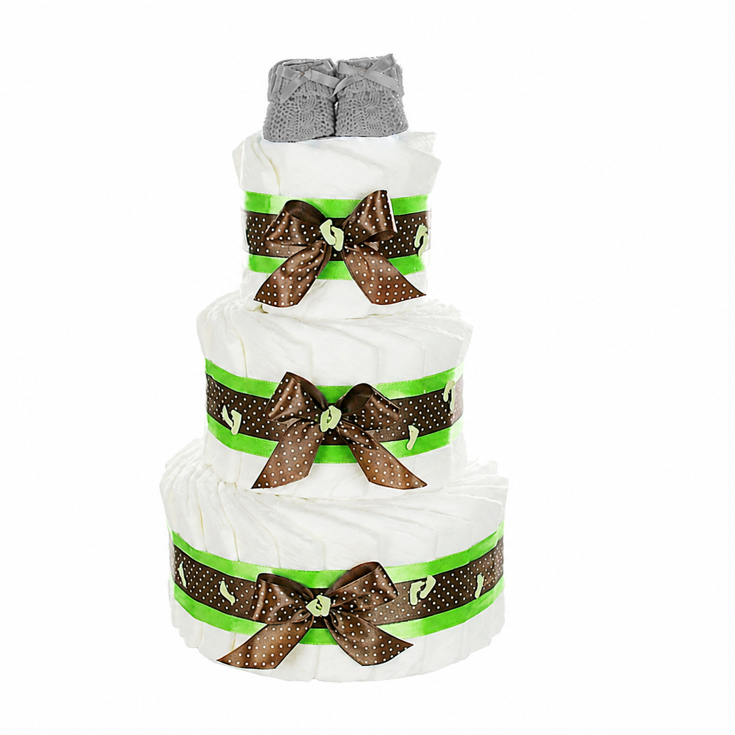 Windeltorte grün mit Babybooties – Geschenk zur Geburt