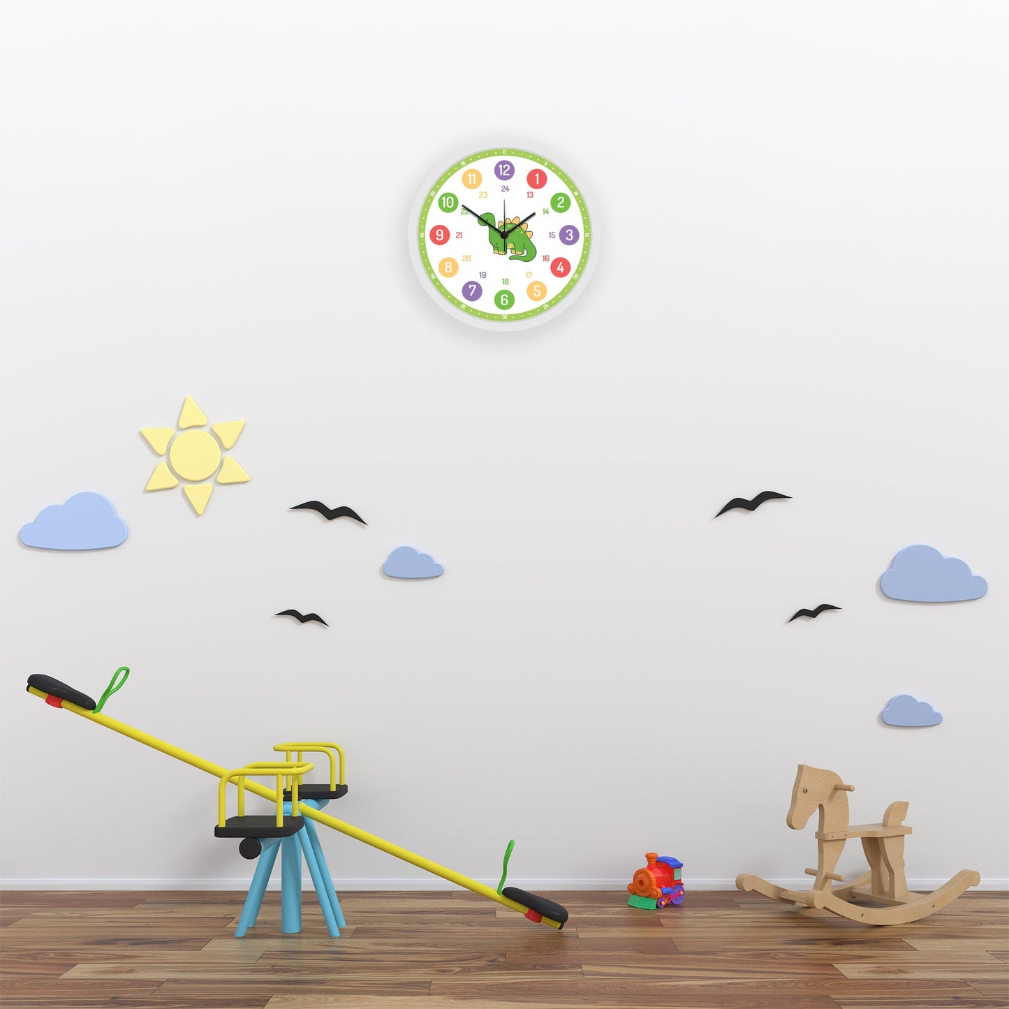 Wanduhr aus Holz mit Dino-Motiv für Kinder, mit UV-Druck, zeigt bunte Dino-Grafik auf der Zifferblatt, kindgerechtes Design