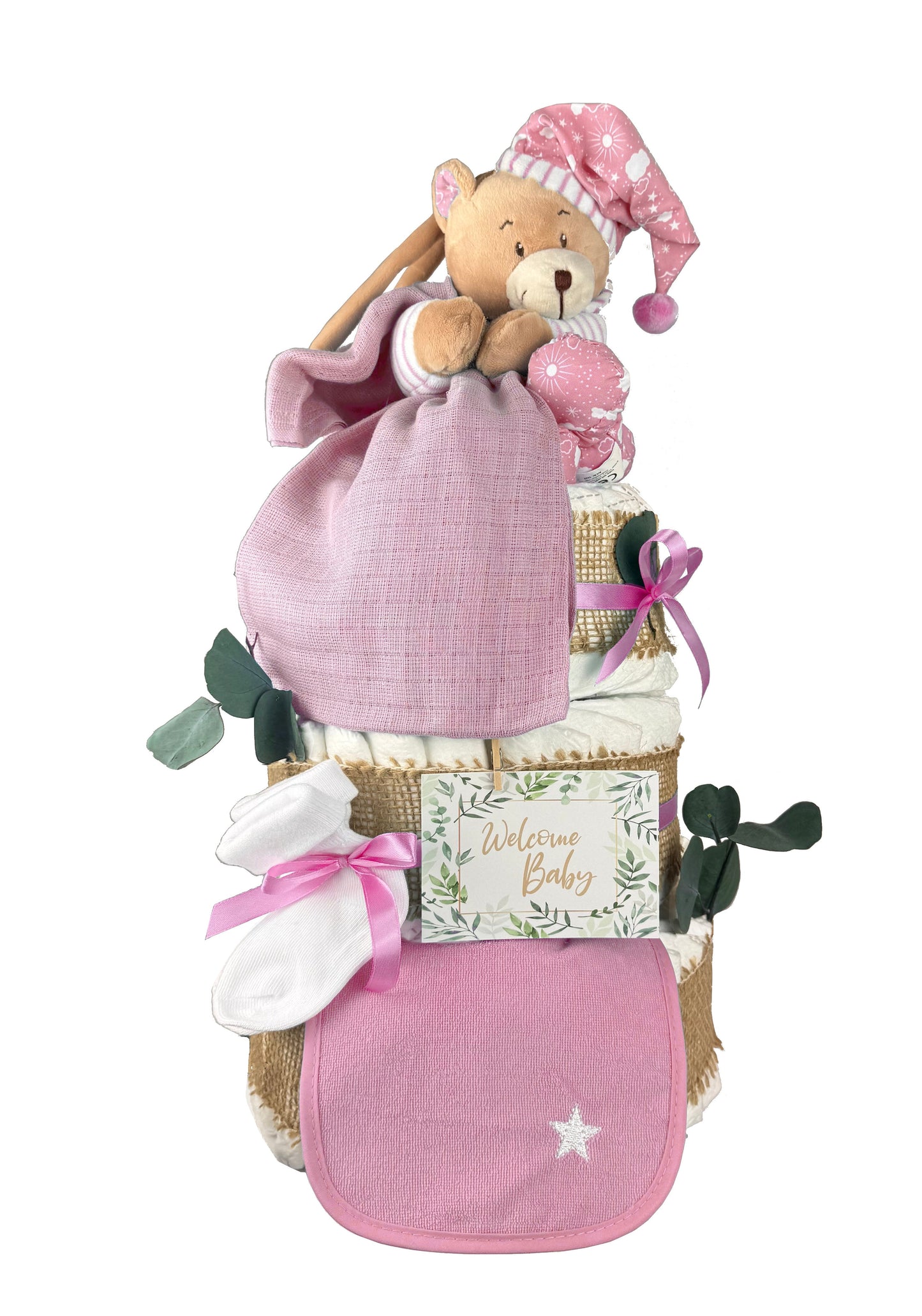 Windeltorte Rosa mit Spieluhr Bär – personalisierbar