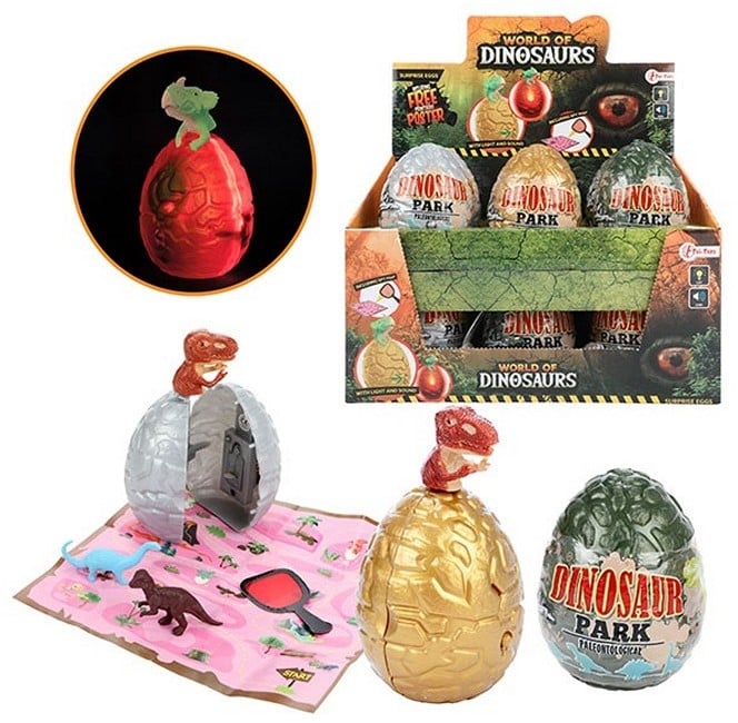 12xWORLD OF DINOSAURS ÜBERRASCHUNGSEI MIT LICHT + SOUND 4-FACH SORTIERT IM DISPLAY (12) 8X10CM