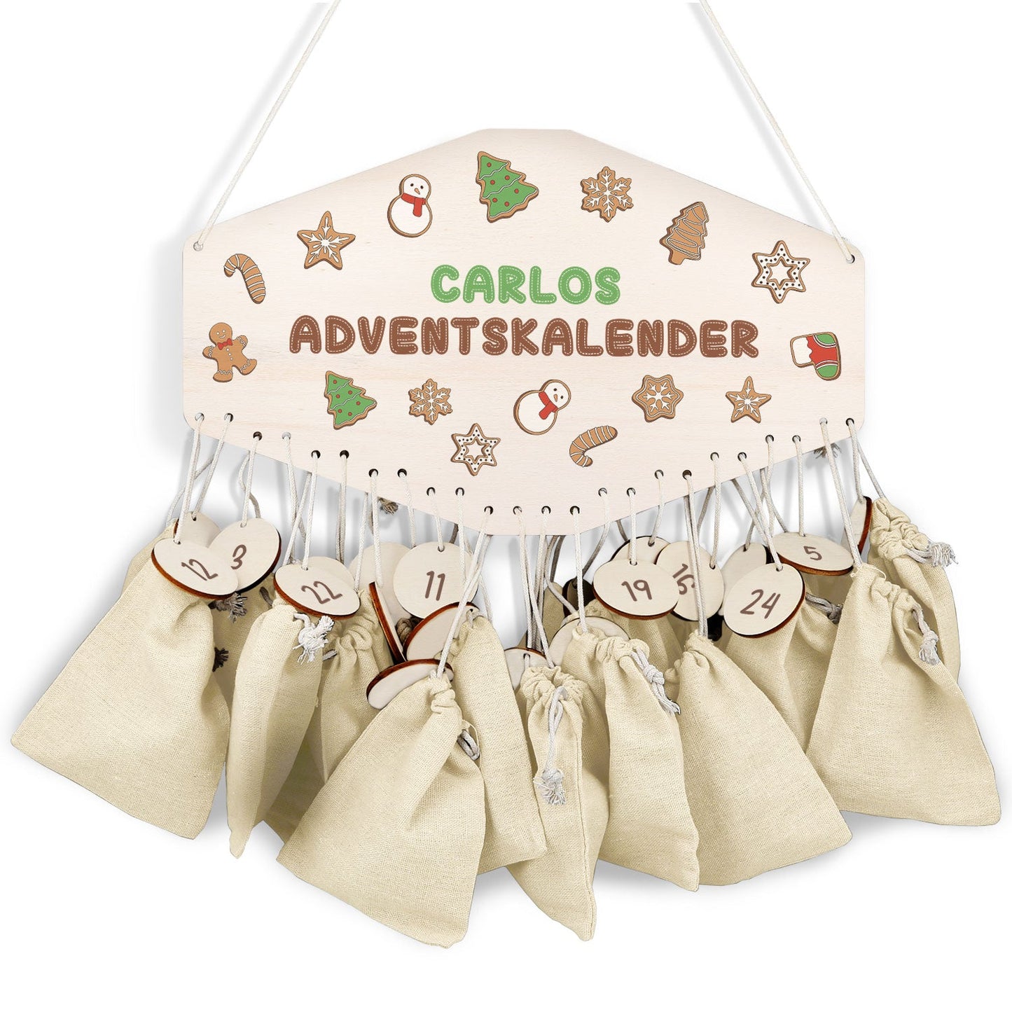 Personalisierter Adventskalender aus Holz mit Druckmotiv & Namen - Lebkuchen