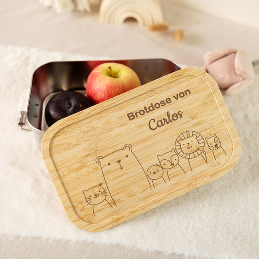 Brotdose mit graviertem Deckel für Kinder im "Tiergruppe" Design