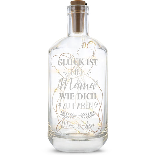 Flaschenlicht mit LED-Lichterkette und Gravur "Glück ist eine Mama wie dich zu haben"