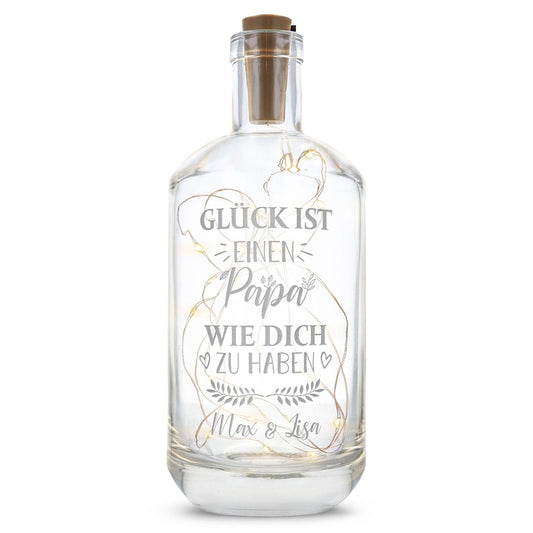 Flaschenlicht mit LED-Lichterkette und Gravur "Glück ist einen Papa wie dich zu haben"