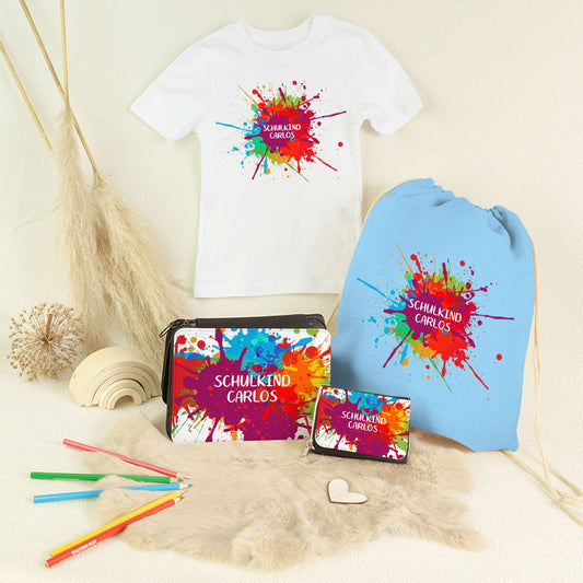 Personalisiertes Schulset - Colorsplash - mit T-Shirt, Sportbeutel,  Federmappe & Geldbörse