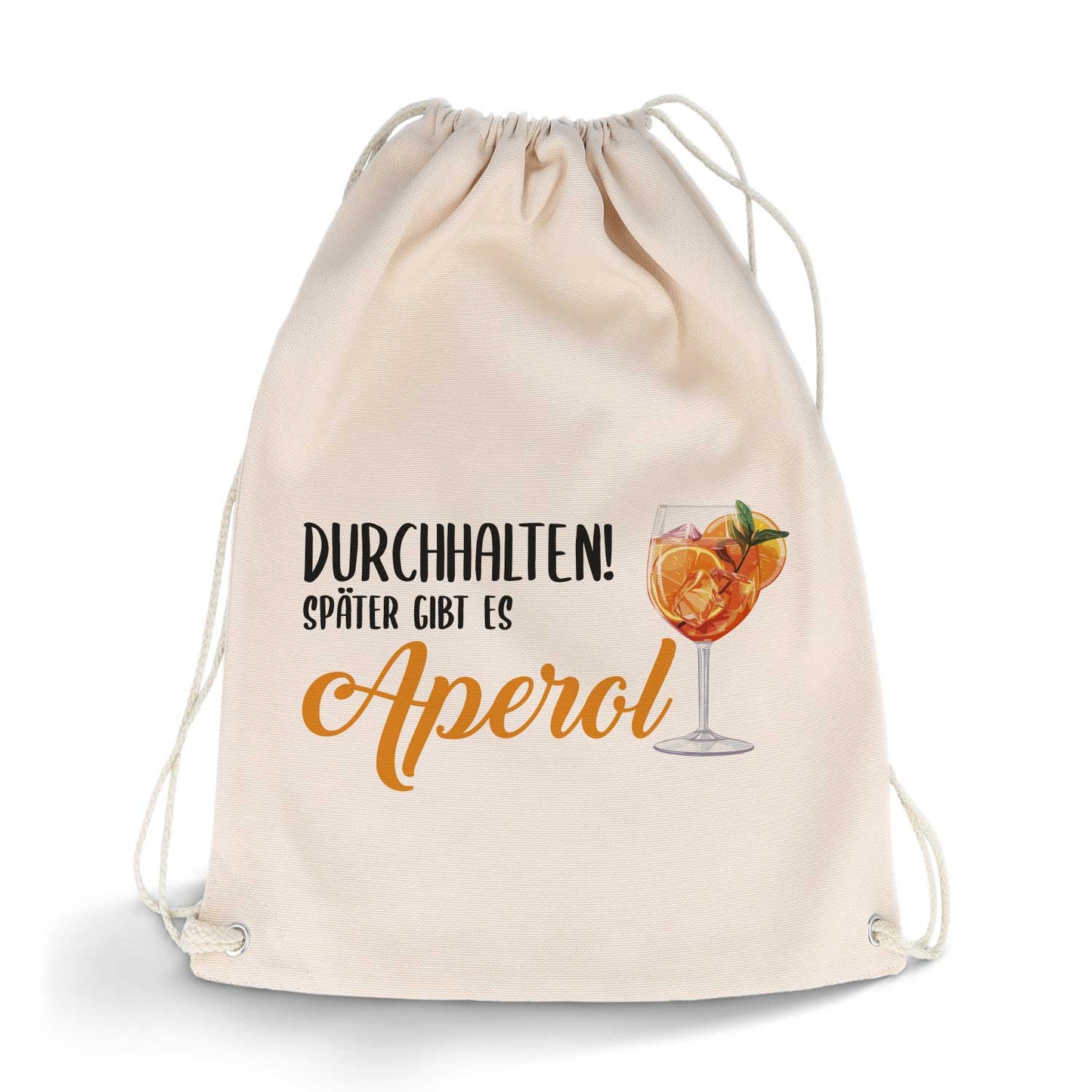 Bedruckter Turnbeutel im Durchhalten später gibt es Aperol Design