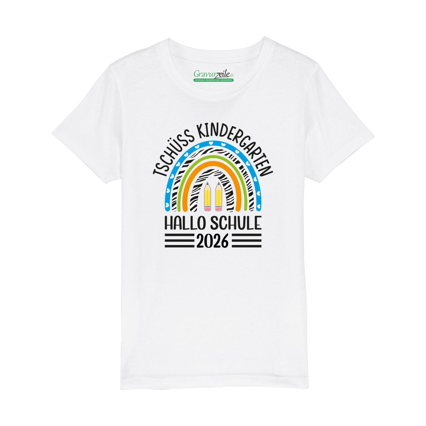 Bedrucktes T-Shirt für Kinder - Tschüss Kindergarten Regenbogen Blau
