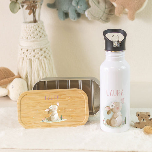 Bedruckte Brotdose & Trinkflasche im Set - Hase