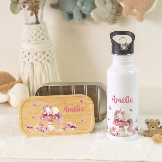 Bedruckte Brotdose & Trinkflasche im Set - Schlafendes Einhorn