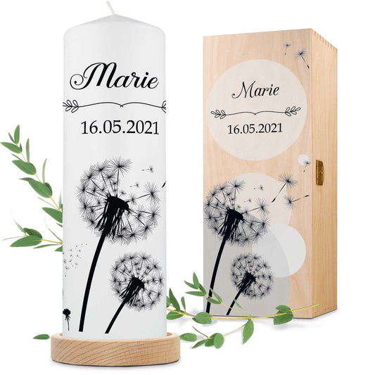 Große Kerze "Pusteblume" - Trauerkerze mit Namen & Datum