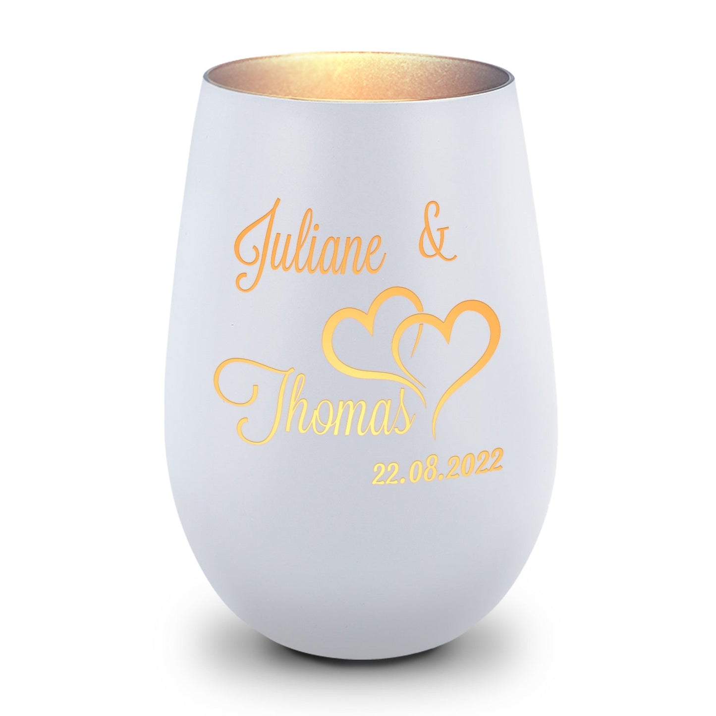 Deko Windlicht aus Glas mit Gravur - Die große Liebe - Personalisiert mit Name und Datum