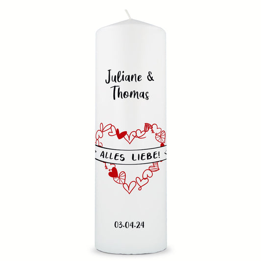 Große Kerze "Alles Liebe" - Hochzeitskerze mit Namen, Datum & Wunschtext