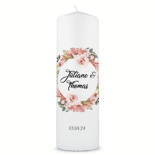 Große Kerze "Floral White" - Hochzeitskerze mit Namen, Datum & Wunschtext