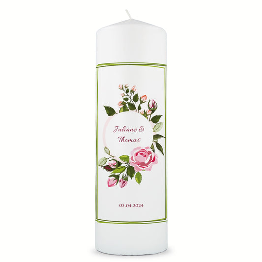 Große Kerze "Green Flower" - Hochzeitskerze mit Namen, Datum & Wunschtext