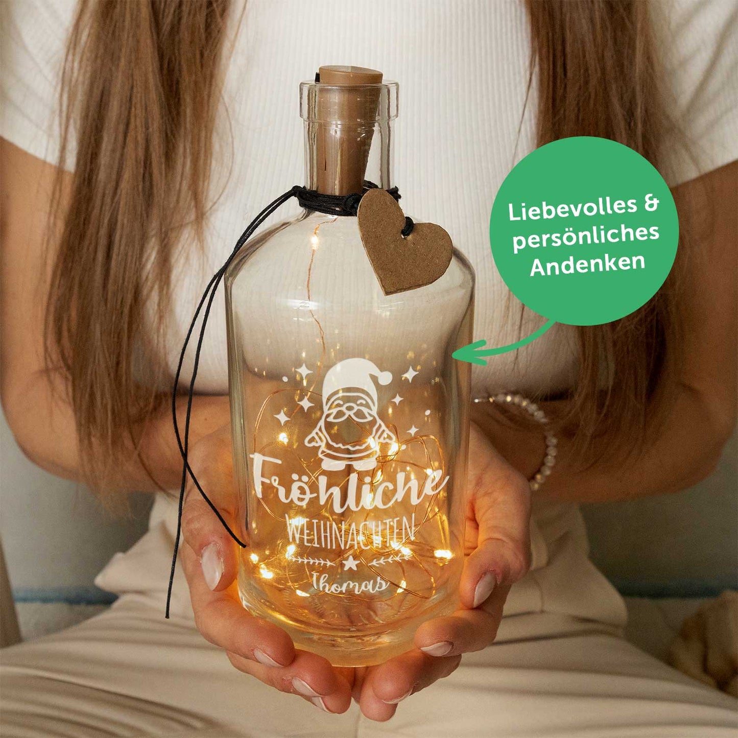 Flaschenlicht mit LED-Lichterkette im Fröhliche Weihnachten Santa Design - Personalisiert mit Namen