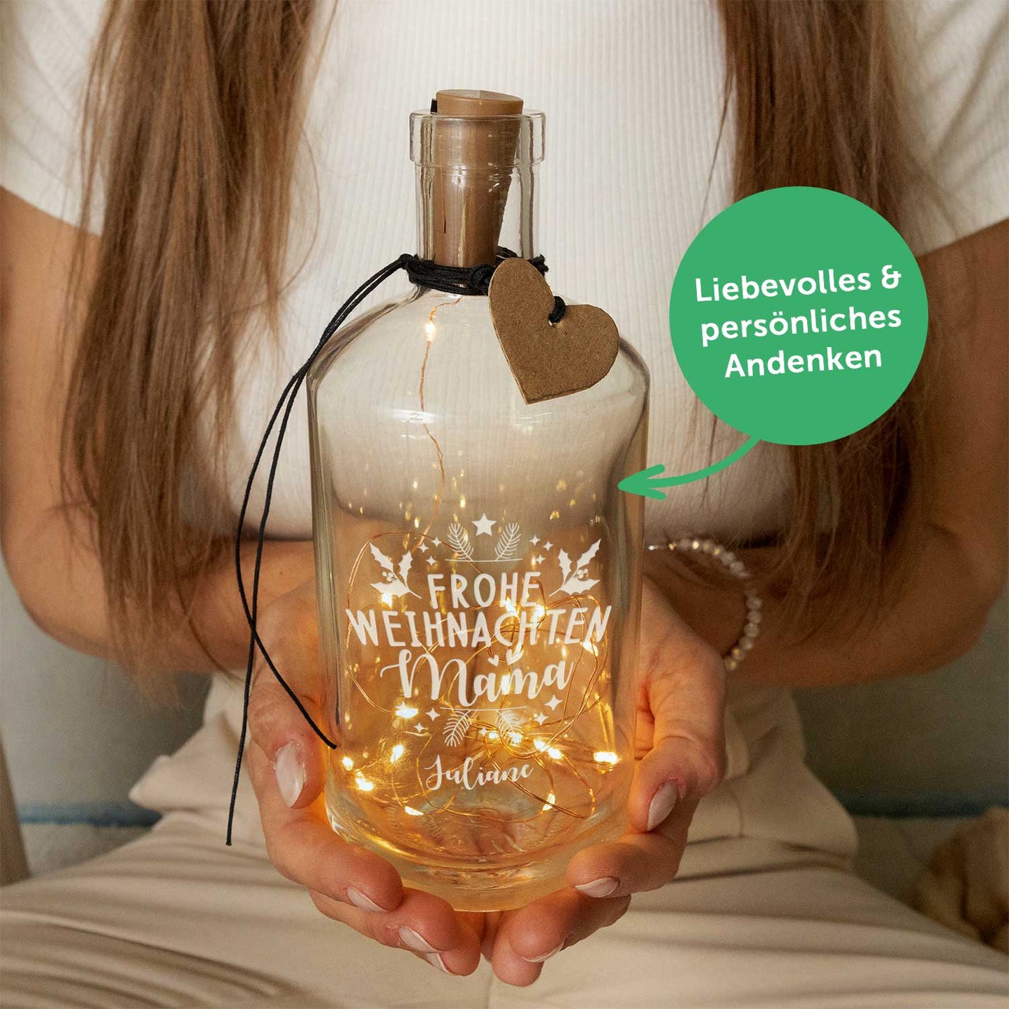 Flaschenlicht mit LED-Lichterkette im Frohe Weihnachten Mama Design - Personalisiert mit Namen
