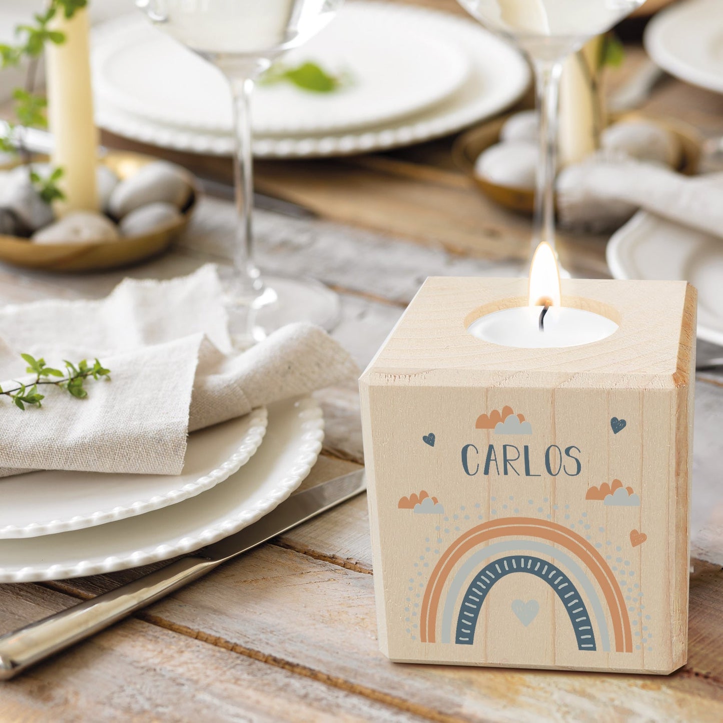 Teelichthalter aus Holz mit UV Druck - Regenbogen Design - Personalisiert mit Namen