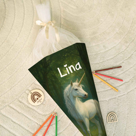 Bedruckte Schultüte mit Namen - Einhorn Wald