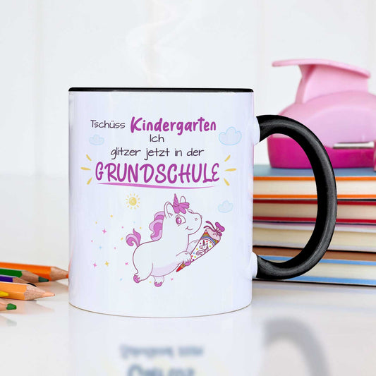 Bedruckte Tasse mit Spruch - Tschüss Kindergarten ich glitzer in der Grundschule