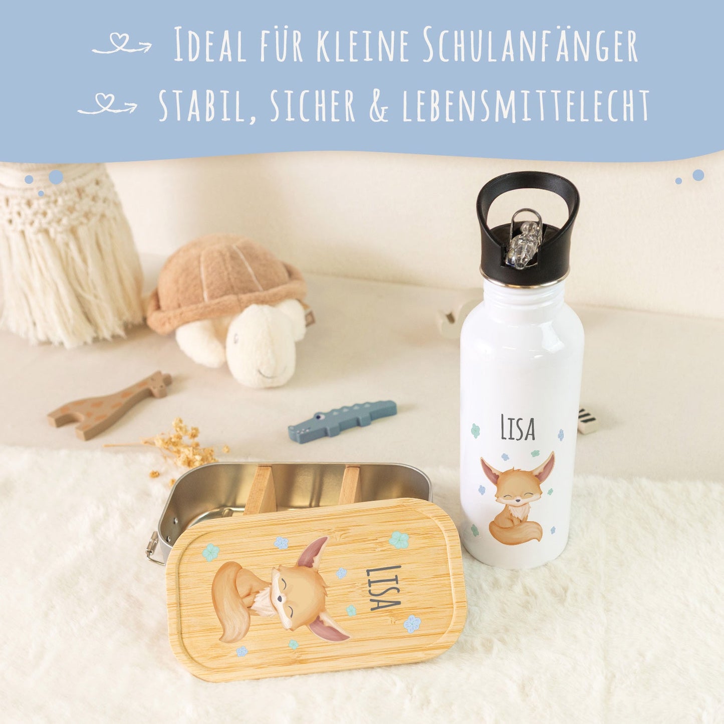 Bedruckte Brotdose & Trinkflasche im Set - Fuchs