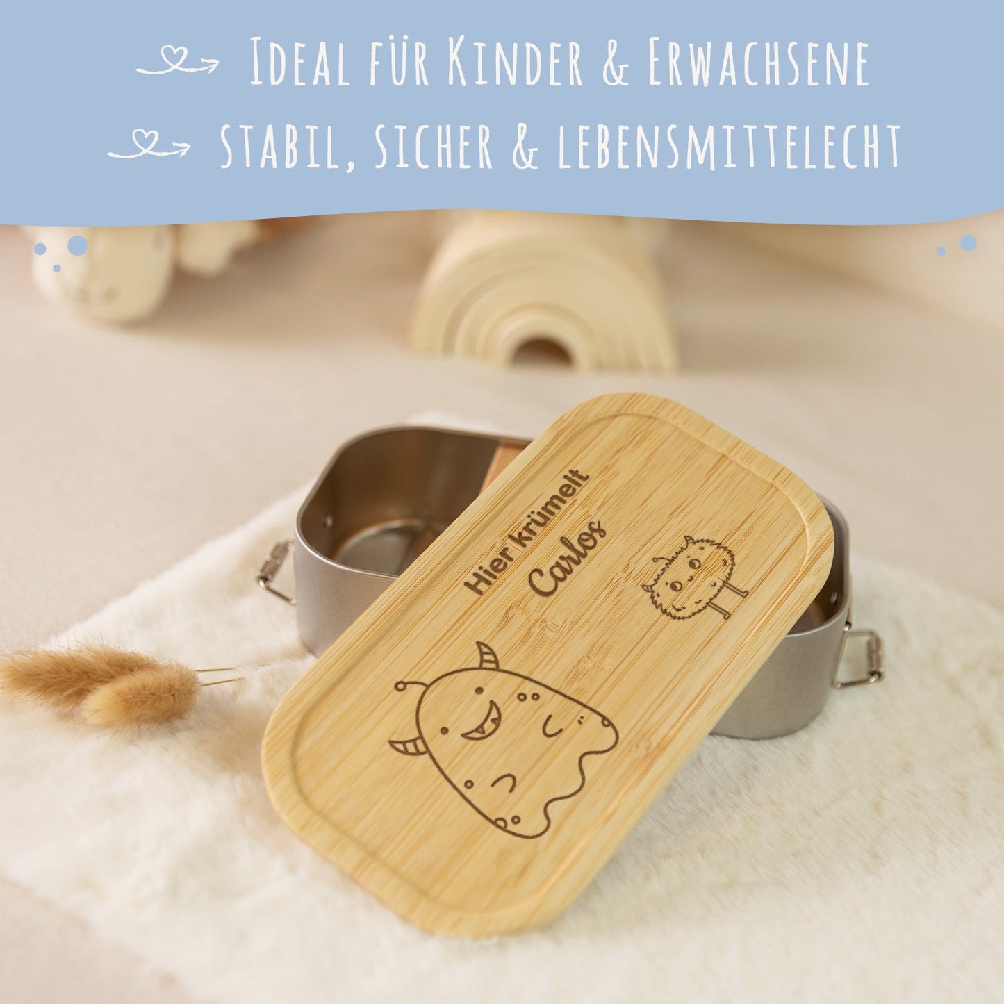 Brotdose mit graviertem Deckel für Kinder im "Monster" Design