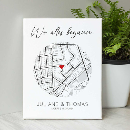 Leinwand mit dem Motiv "Wo alles begann" - Personalisiertes Geschenk mit Wunschort