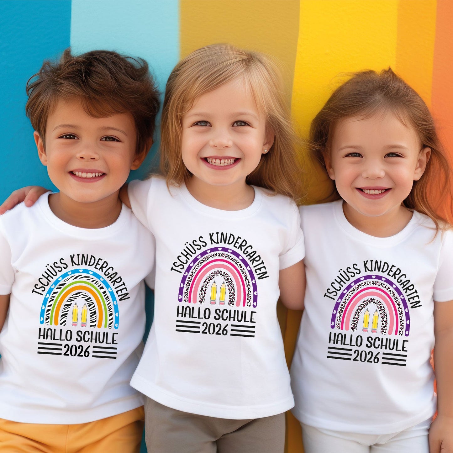 Bedrucktes T-Shirt für Kinder - Tschüss Kindergarten Regenbogen Blau