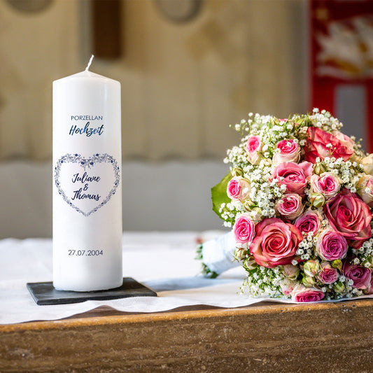 Große Kerze "Porzellanhochzeit" - Hochzeitskerze mit Namen, Datum & Wunschtext