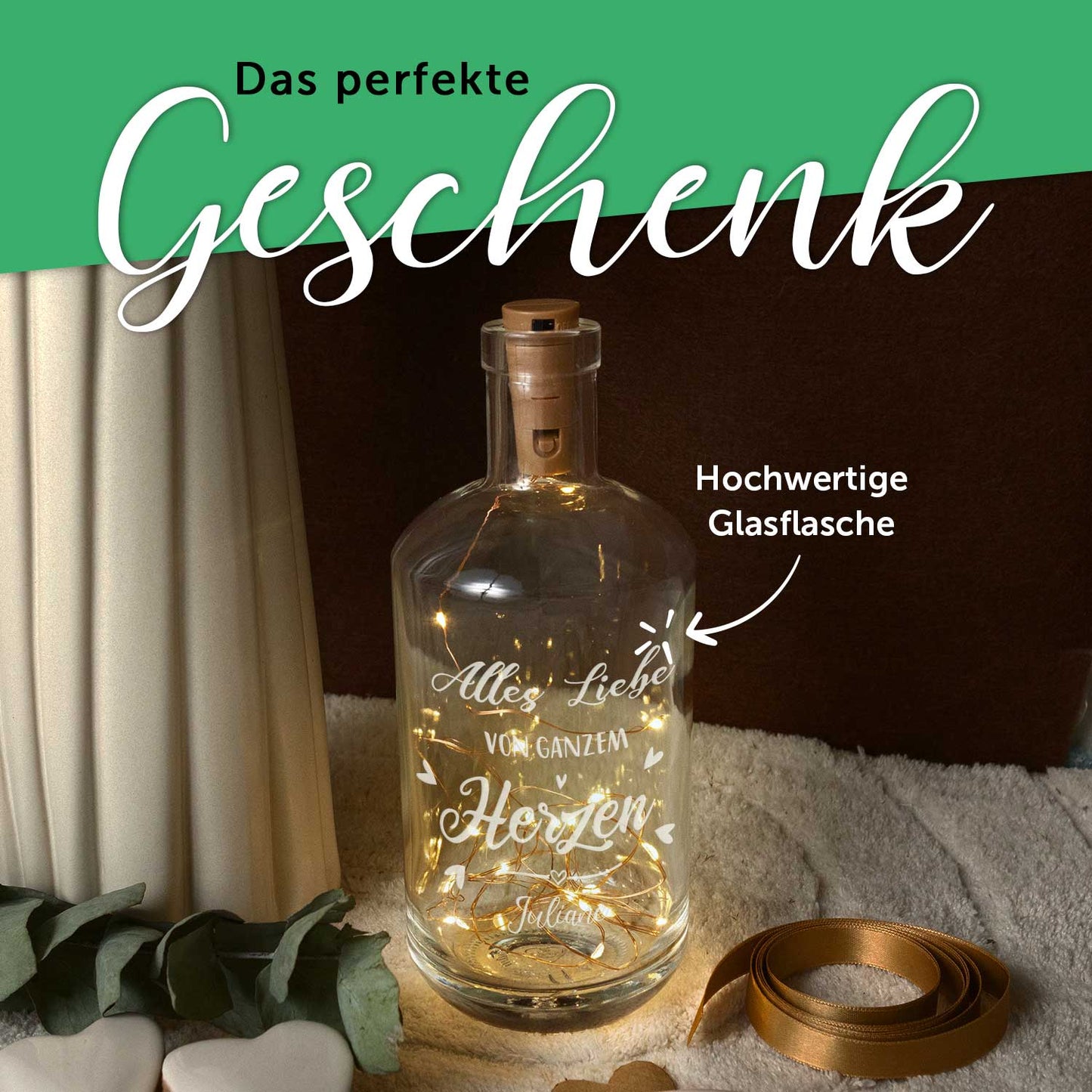 Flaschenlicht mit LED-Lichterkette und Gravur "Alles Liebe von ganzem Herzen"