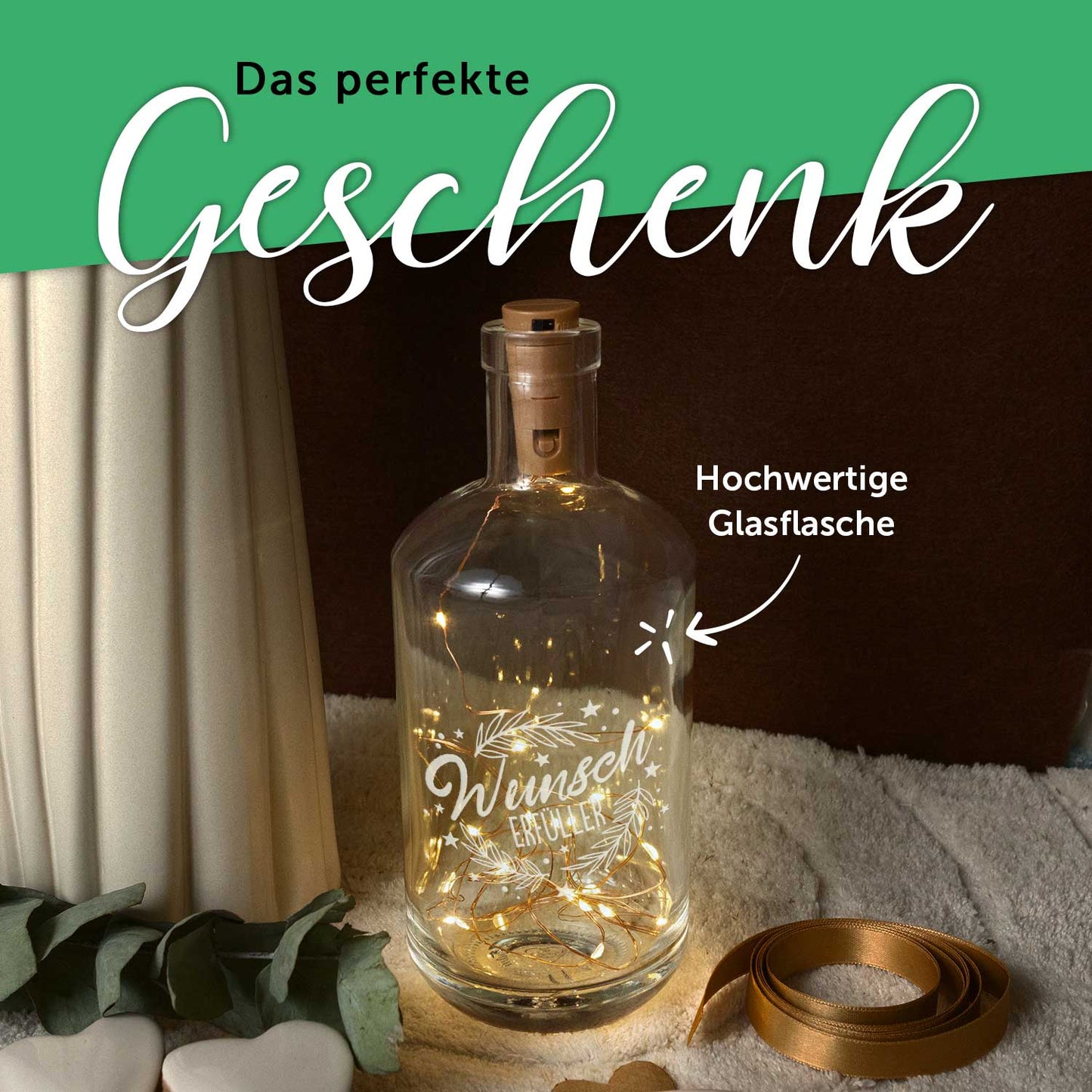 Flaschenlicht mit LED-Lichterkette im Wunscherfüller Design - Weihnachtsdeko zum Verschenken
