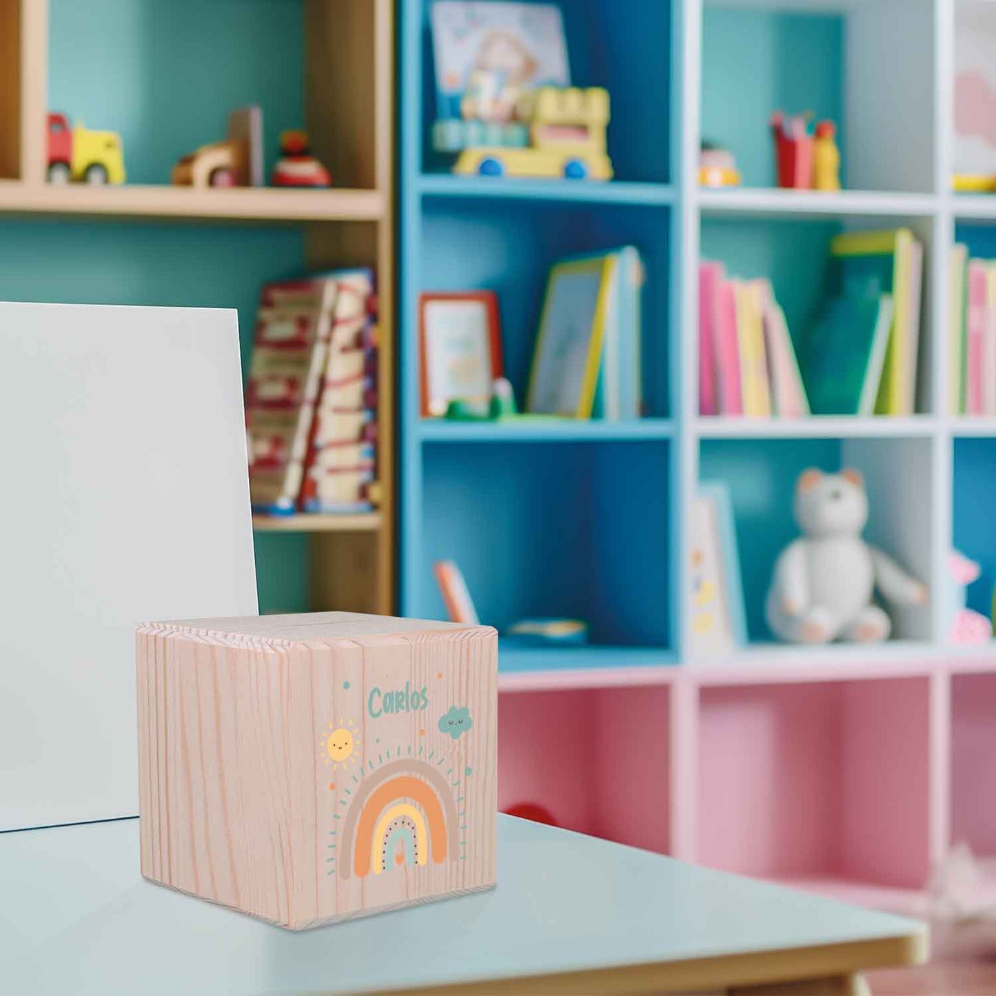 Spardose aus Holz - Regenbogen Pastell