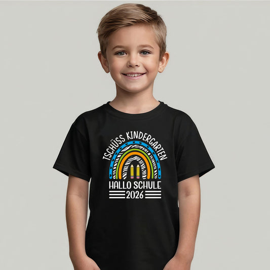 Bedrucktes T-Shirt für Kinder - Tschüss Kindergarten Regenbogen Blau