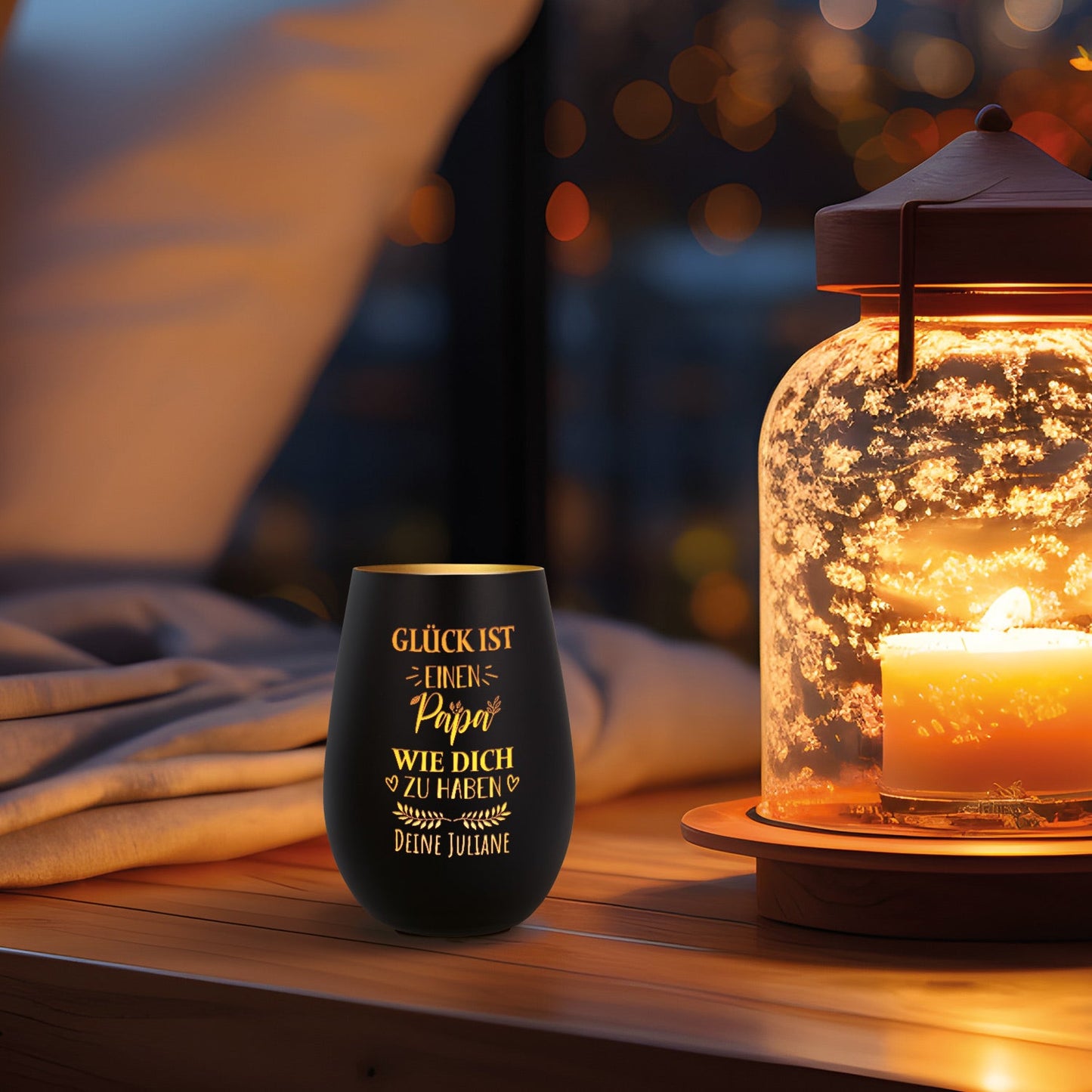 Deko Windlicht aus Glas mit Gravur - Glück ist einen Papa wie Dich zu haben - Personalisiert mit Nam