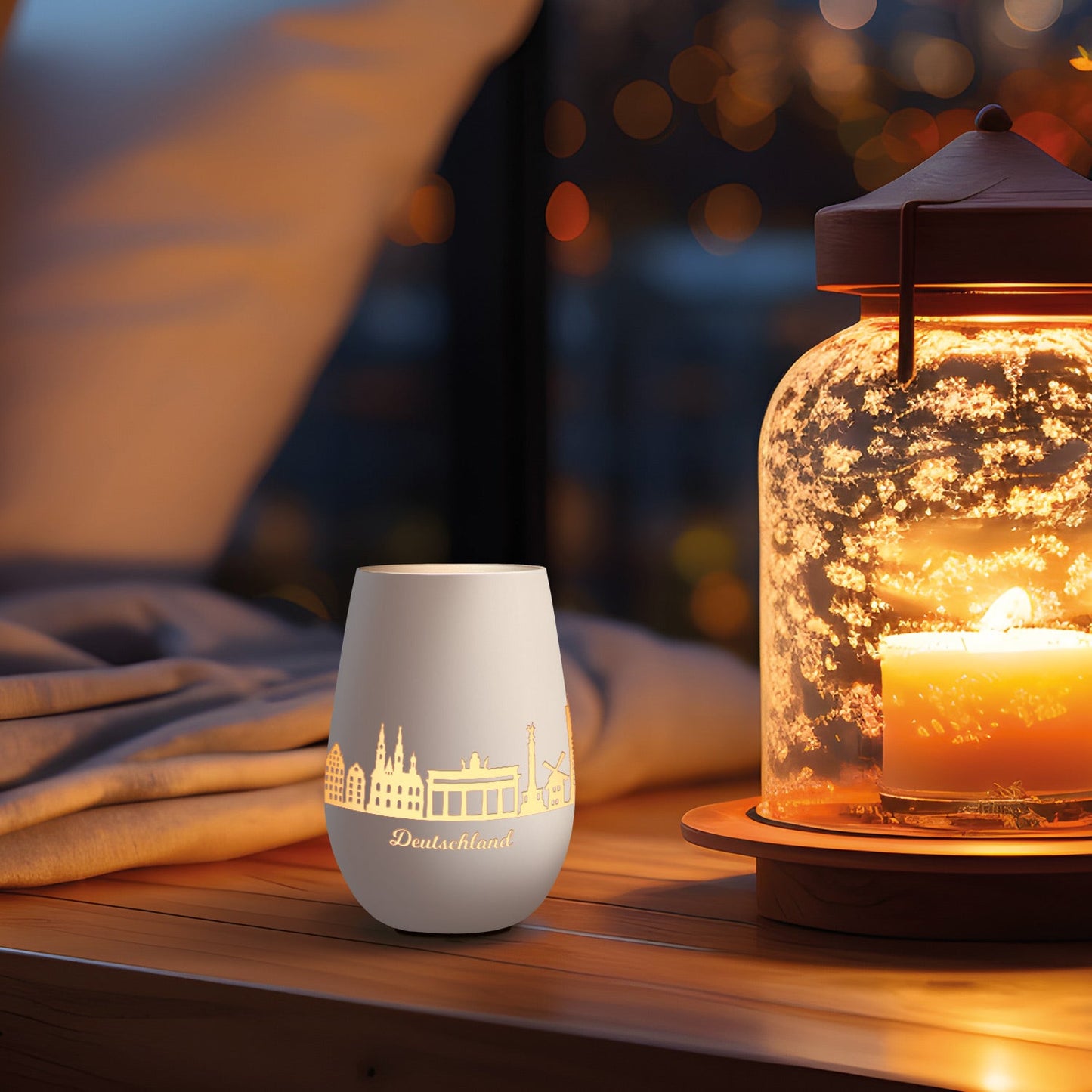Deko Windlicht aus Glas mit Gravur - Skyline Deutschland