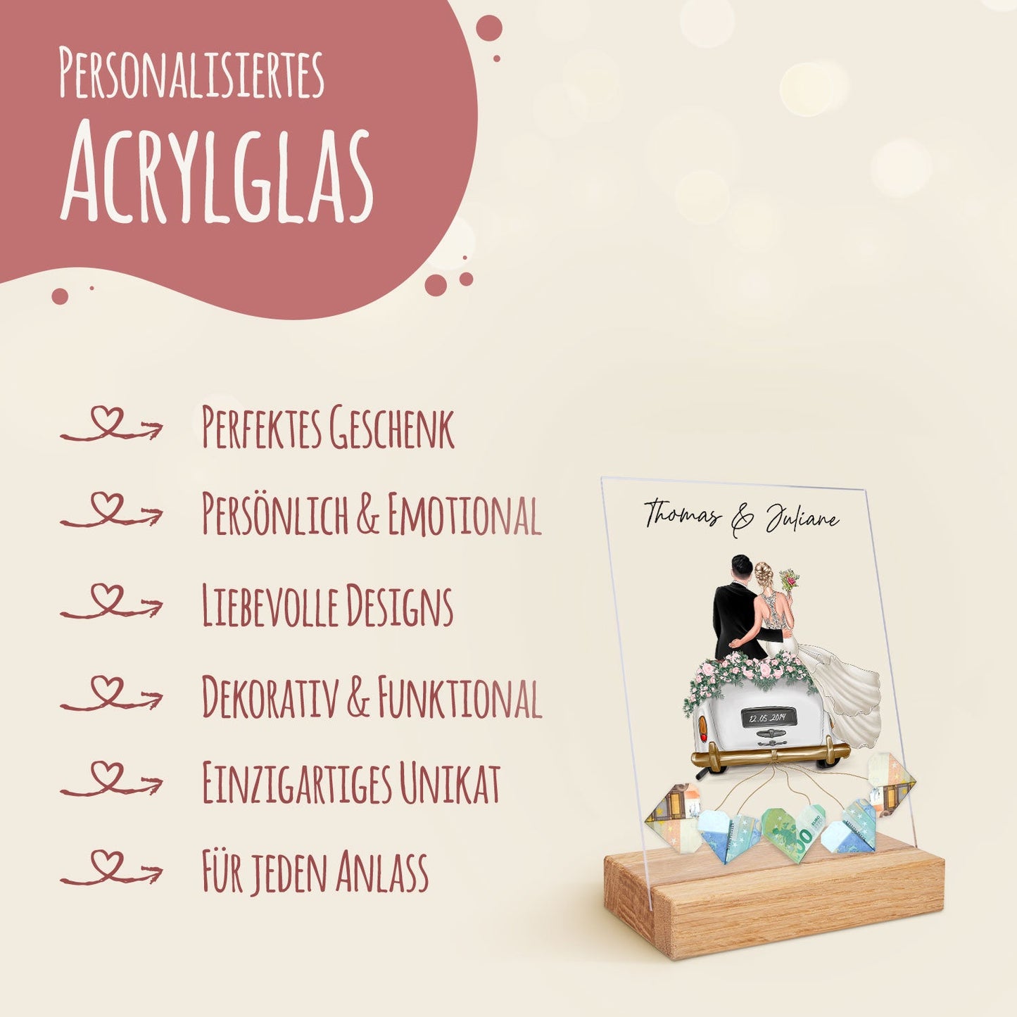 Hochzeitsauto auf Acrylglas - Personalisiertes Geldgeschenk zur Hochzeit