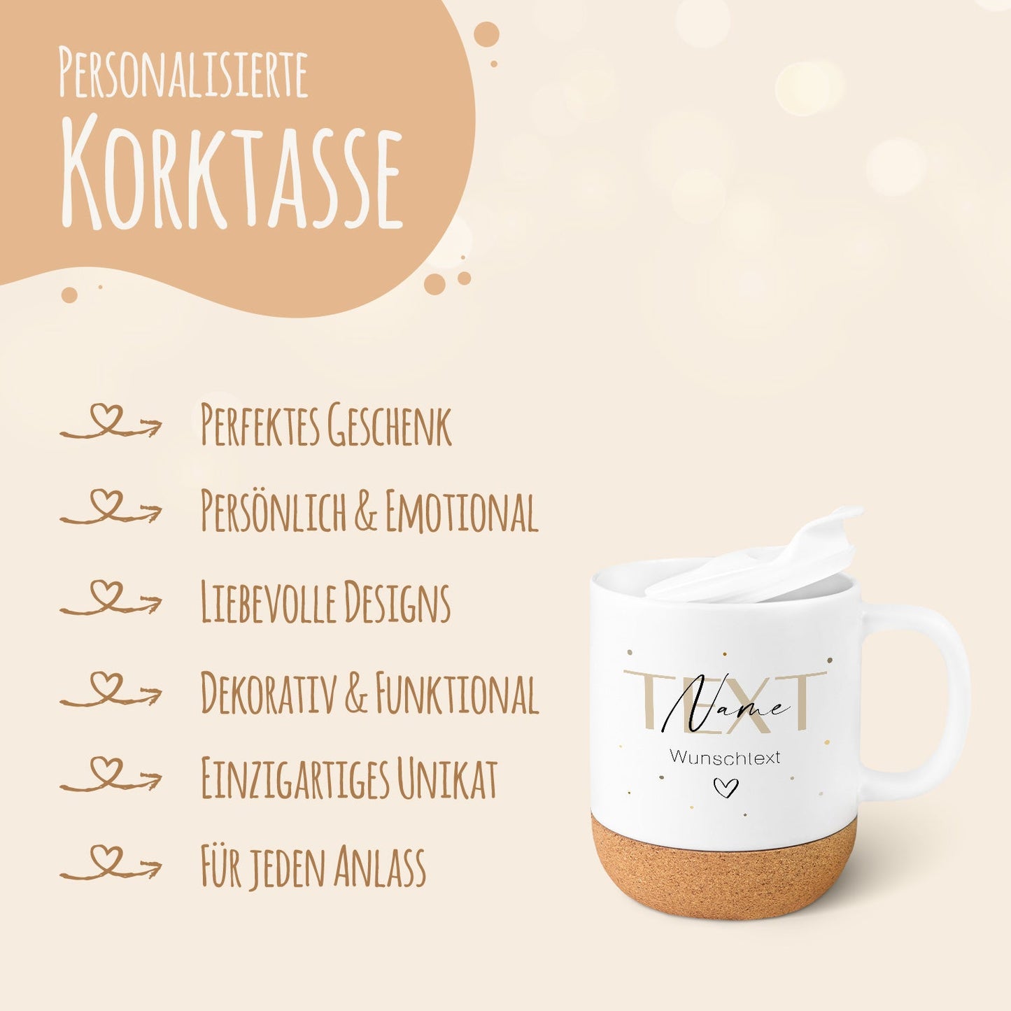 Bedruckte Tasse mit Korksockel & Deckel - Wunschtext V2