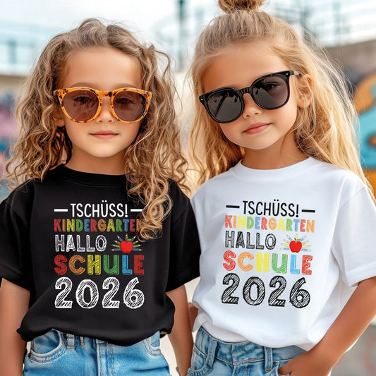Bedrucktes T-Shirt für Kinder - Tschüss Kindergarten, Hallo Schule