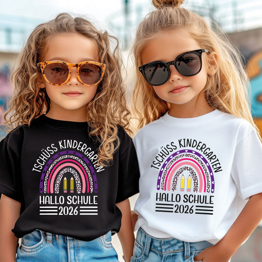 Bedrucktes T-Shirt für Kinder - Tschüss Kindergarten Regenbogen Lila