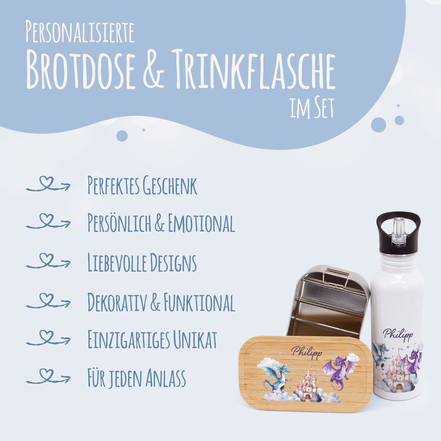Bedruckte Brotdose & Trinkflasche im Set - Drache